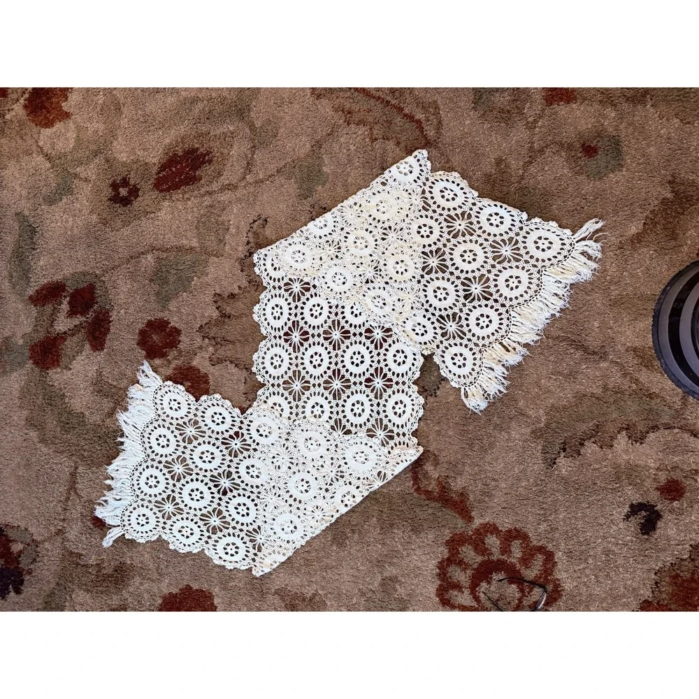 VTG Cream Cotton Handmade Fine Crochet Lace Fringe Table Runner‎ 23x49